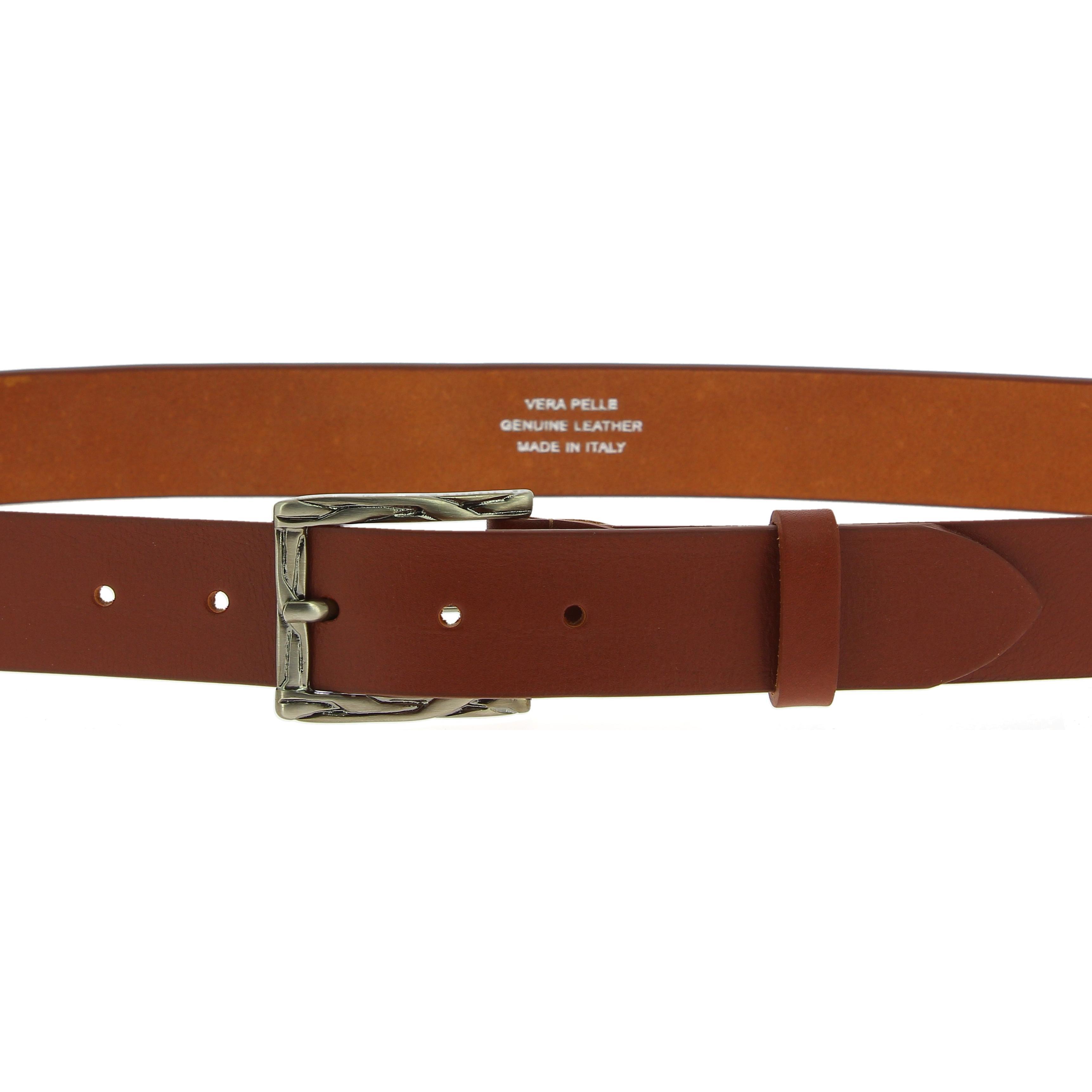 Genuine brown leather belt with classic rectangular metal buckle ...