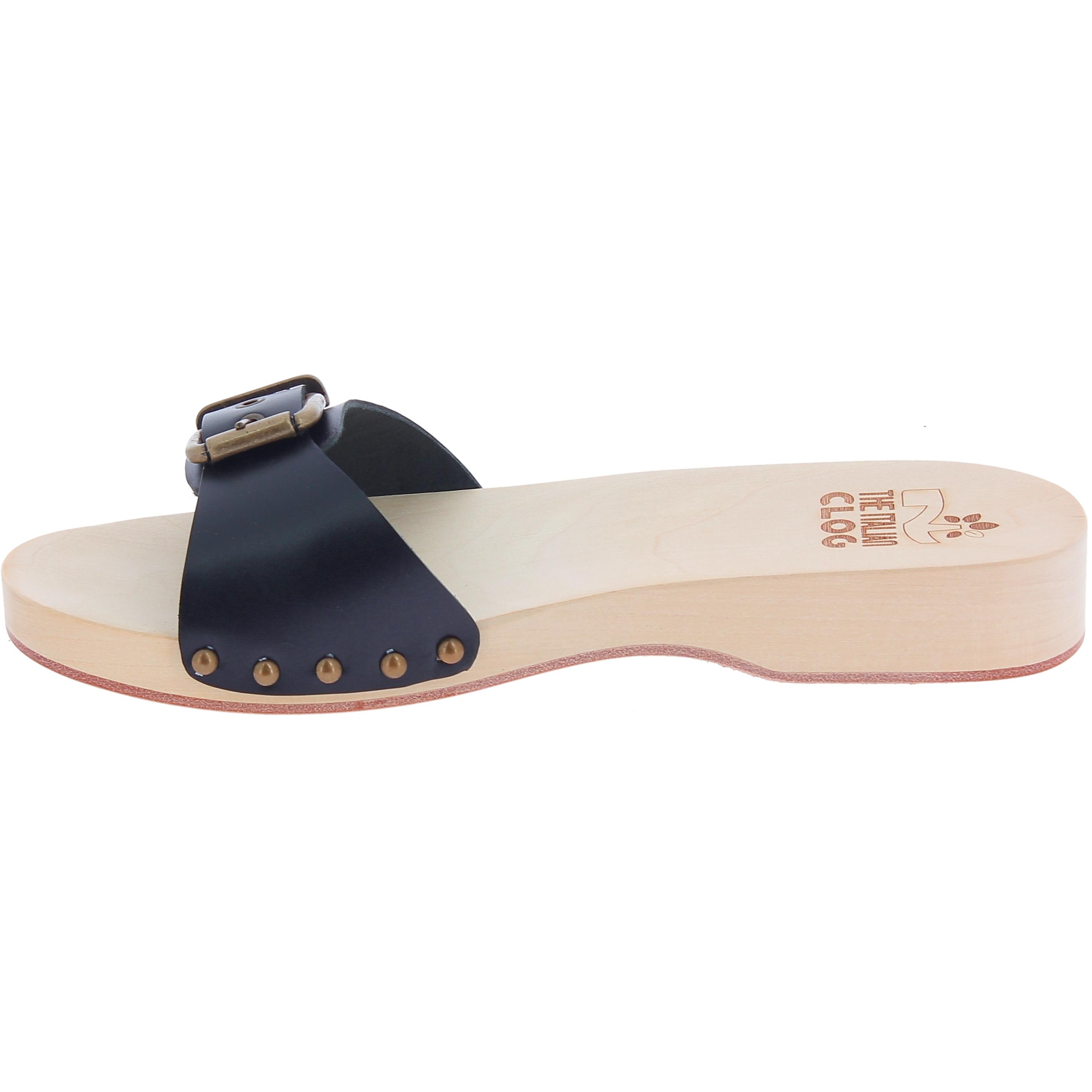 Handmade women s wooden clog slippers with adjustable black leather band Artigiani del cuoio