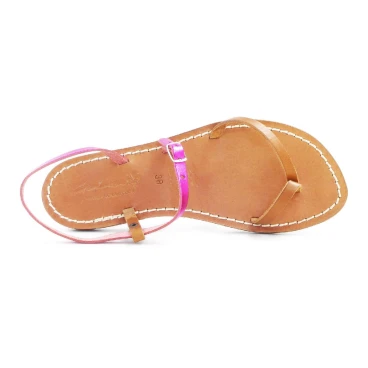 Leather thong sandals for women two-coloured pink and leather