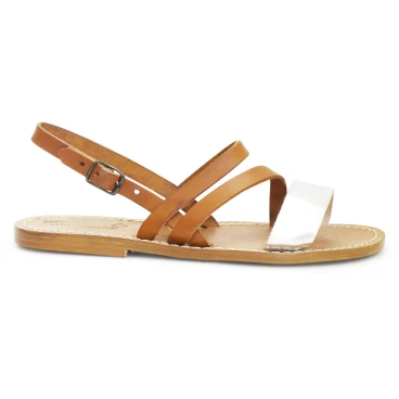 Women's flat sandals handmade in tan and silver leather