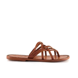 Handmade orange leather womens strips thongs slides and leather sole