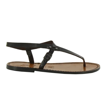 Handmade leather thong sandals for women in dark brown