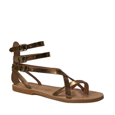 Sandalias de cuero bronce plana del gladiador