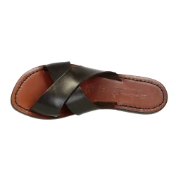 Dunkelbraune Leder-Riemchensandalen für Damen Handgefertigt in Italien