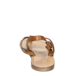 T-strap sandals for women in tan leather