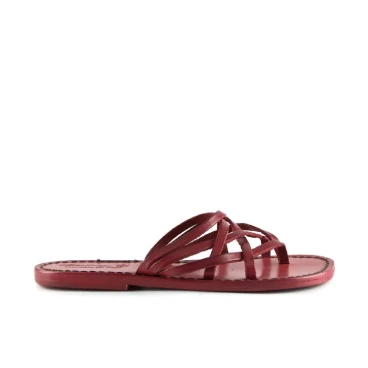 Hand made red leather womens strips slides thongs with leather sole