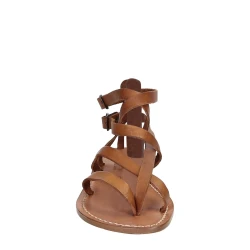 Handmade women's flat sandals in tan leather