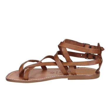 Handmade women's flat sandals in tan leather