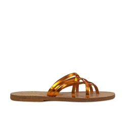 Ladies thong slippers in orange laminated leather