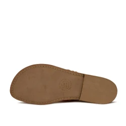 Ladies thong slippers in orange laminated leather