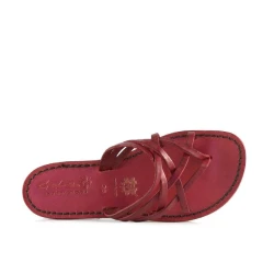 Hand gefertigte Damen-Sandalen mit Reimenstreifen aus rotem Leder und Ledersohle