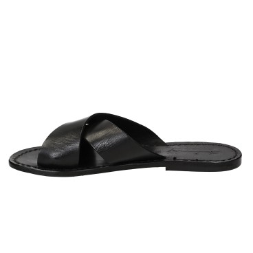 Black leather slide sandals for women handmade