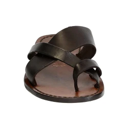 Handmade brown leather thongs braid around the big toe and leather sole
