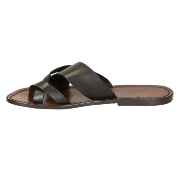 Handmade brown leather thongs braid around the big toe and leather sole