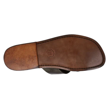 Handmade brown leather thongs braid around the big toe and leather sole