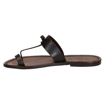 Tong femme en cuir marron travaillé main