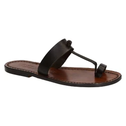 Tong femme en cuir marron travaillé main