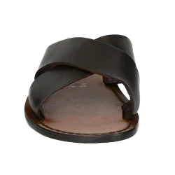 Mens zapatillas de cuero hecho a mano en Italia en cuero marrón oscuro