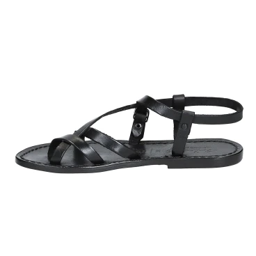 Womens black strappy sandals handmade in cuir leather