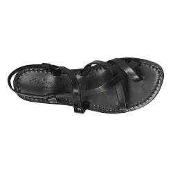 Womens black strappy sandals handmade in cuir leather