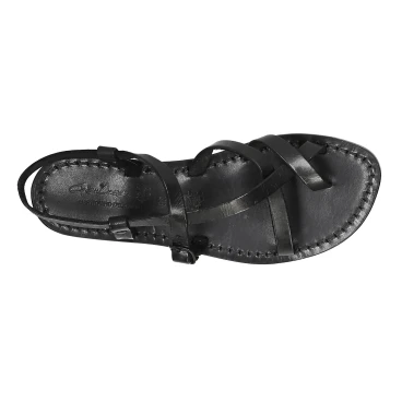 Womens black strappy sandals handmade in cuir leather