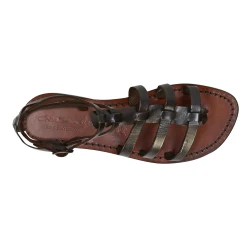 Dunkelbraune Damen-Sandalen im Gladiator-Stil aus Leder in Italien von Hand gefertigt