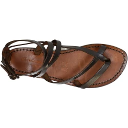 Flache Hand gefertigte Damen-Sandalen mit Riemchen aus dunkelbraunem Leder