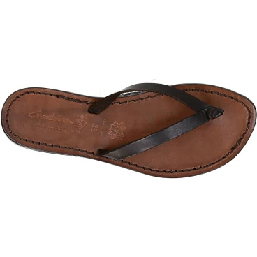 Flache handgearbeitete Riemchen-Sandalen für Frauen aus dunkelbraunem Leder