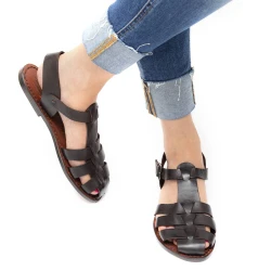 Dunkelbraune Damen-Sandalen aus echtem Leder in Italien von Hand gefertigt