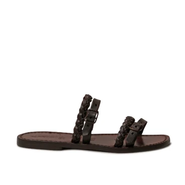 Hand gefertigte Damen-Slippersandalen aus dunkelbraunem Leder