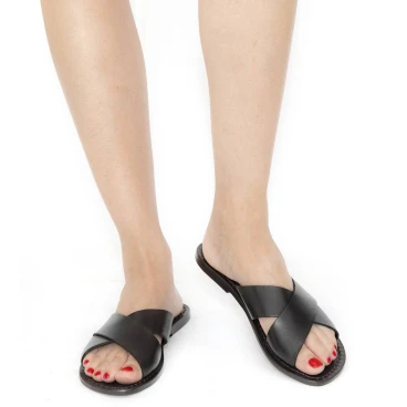 Black leather slide sandals for women handmade