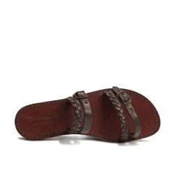 Cuero marrón oscuro sandalias de zapatillas hechas a mano de las mujeres