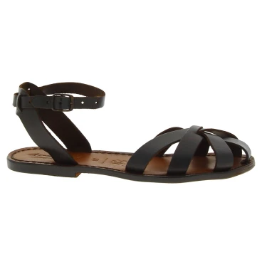 Dunkelbraune Damen-Sandalen in Italien von Hand gefertigt aus echtem Leder
