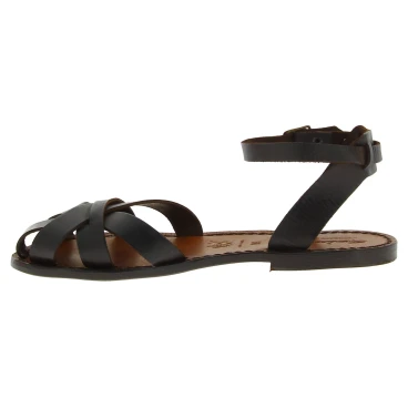 Dunkelbraune Damen-Sandalen in Italien von Hand gefertigt aus echtem Leder