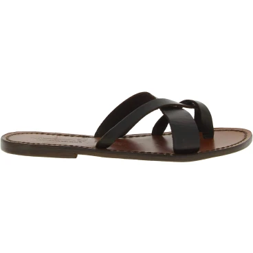 Tongs femme en cuir marron foncé travaillés à la main en Italie