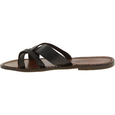 Tongs femme en cuir marron foncé travaillés à la main en Italie