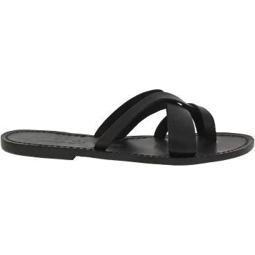 Tongs femme en cuir noir travaillés à la main en Italie