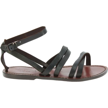 Handmade women's flat sandals dark brown leather