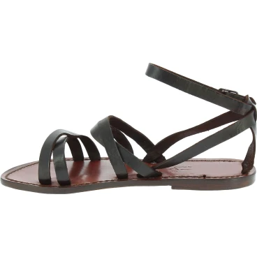 Handmade women's flat sandals dark brown leather