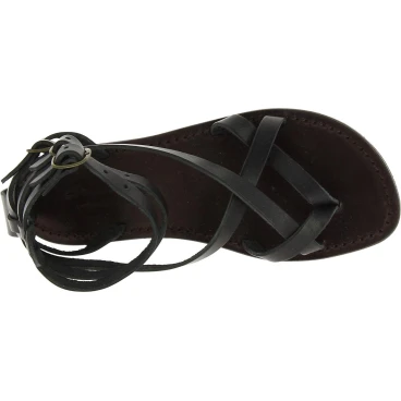 Spartiates cuir noir pour femme travaillé à la main