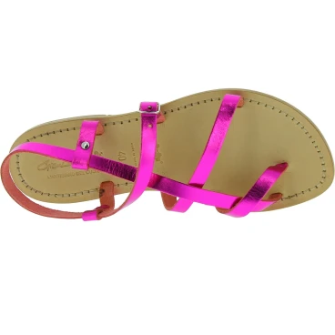 Women's flat sandals handmade fuchsia laminated leather