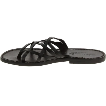 Tiras de cuero para mujer zapatillas con suela de cuero negro hecho a mano de la trenza