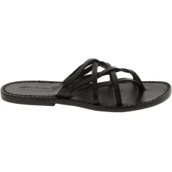 Hand gefertigte Damen-Sandalen mit schwarzen Lederriemengeflecht und Ledersohle