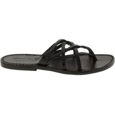 Tiras de cuero para mujer zapatillas con suela de cuero negro hecho a mano de la trenza