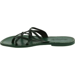 Handmade green strips leather womens slides thongs and leather sole