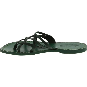 Handmade green strips leather womens slides thongs and leather sole