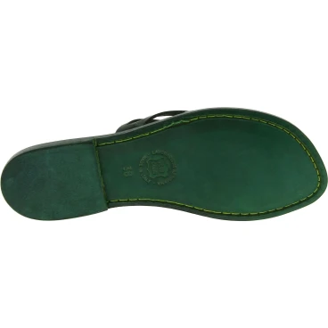 Handmade green strips leather womens slides thongs and leather sole
