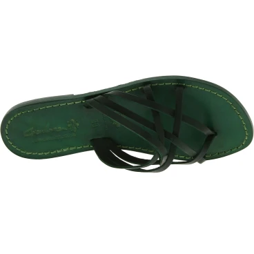 Handmade green strips leather womens slides thongs and leather sole