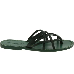 Handmade green strips leather womens slides thongs and leather sole