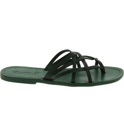Verde a mano tiras de cuero para mujer diapositivas tangas y suela de cuero